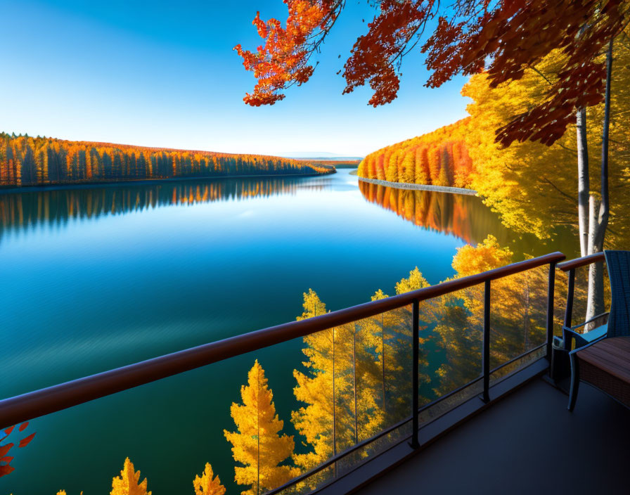 Tranquil lake scene with autumn forest view