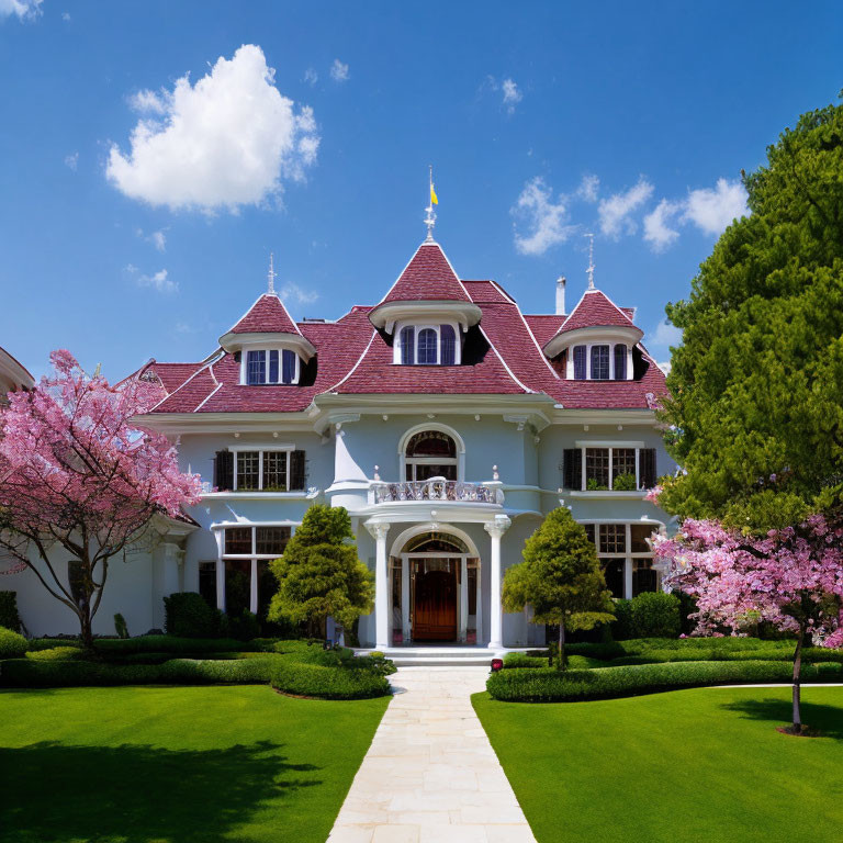 Luxurious mansion with white facade, steep roofing, manicured lawn, pink trees, blue sky