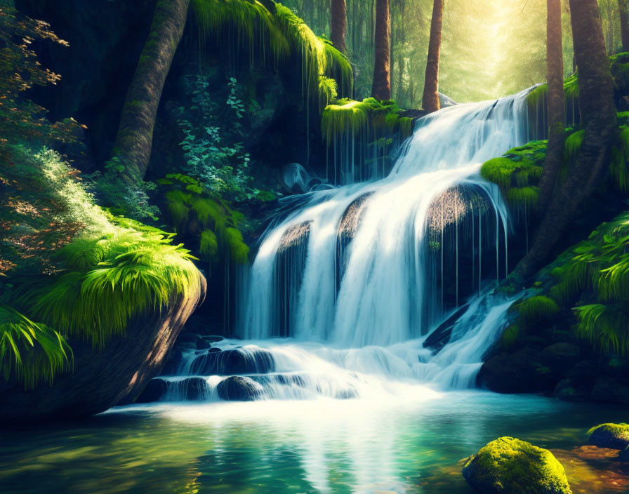 Scenic forest waterfall with sunlight and mossy rocks