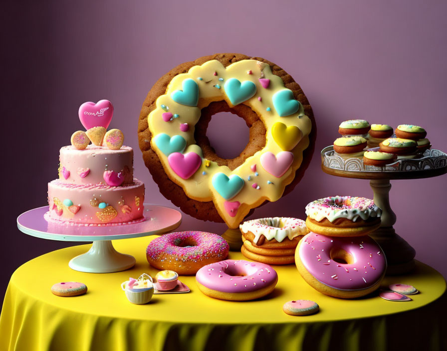 Vibrant dessert spread with heart-shaped donut centerpiece