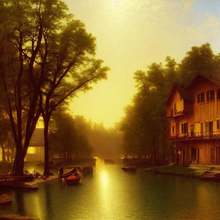 Tranquil river landscape with golden hues, trees, wooden house, and floating boats