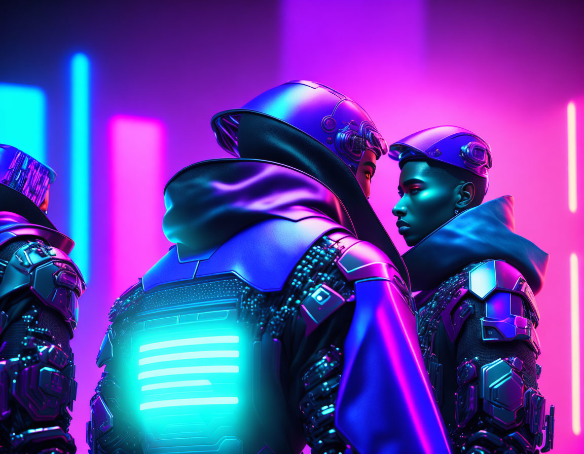 Futuristic soldiers in armor with neon lights background