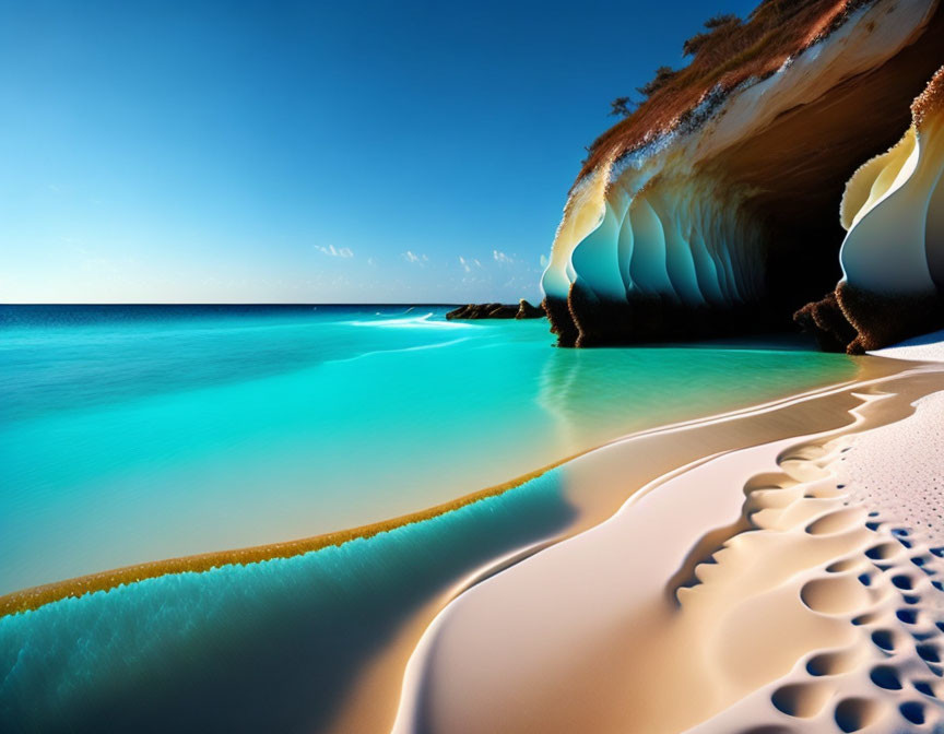 Tranquil Beach Scene with Clear Blue Waters & Overhanging Cliff