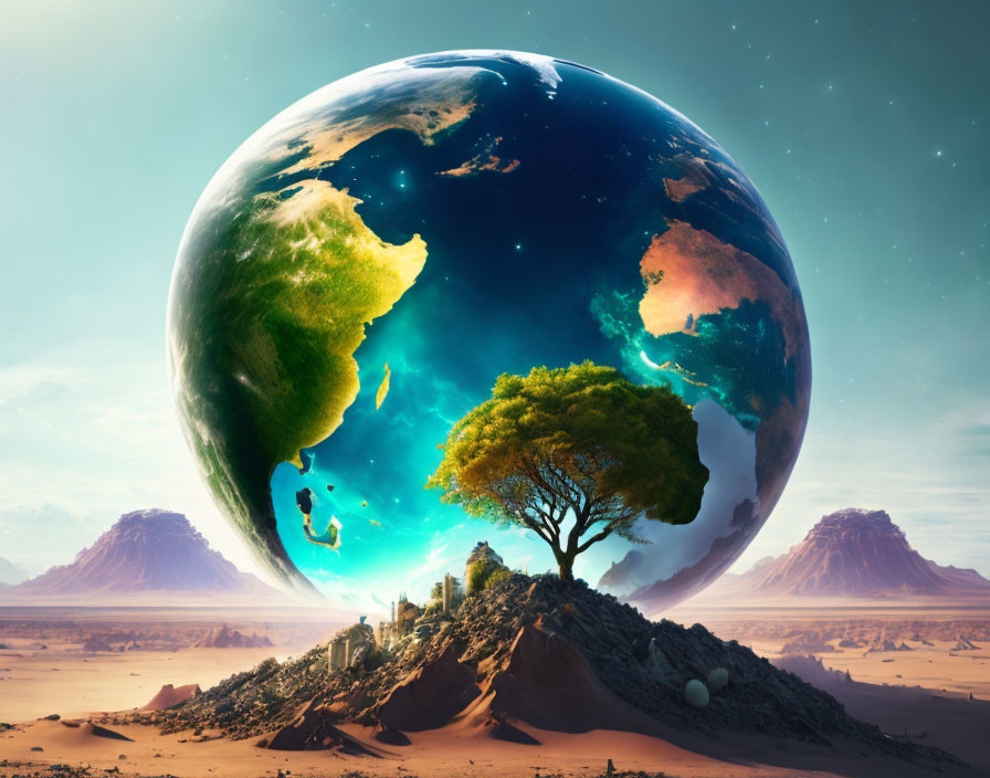 Surreal artwork: Oversized Earth over desert with tree & mountains