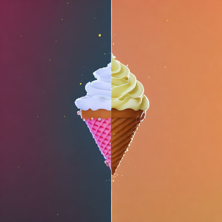 Split-image of half-melted ice cream cone on dual-toned background