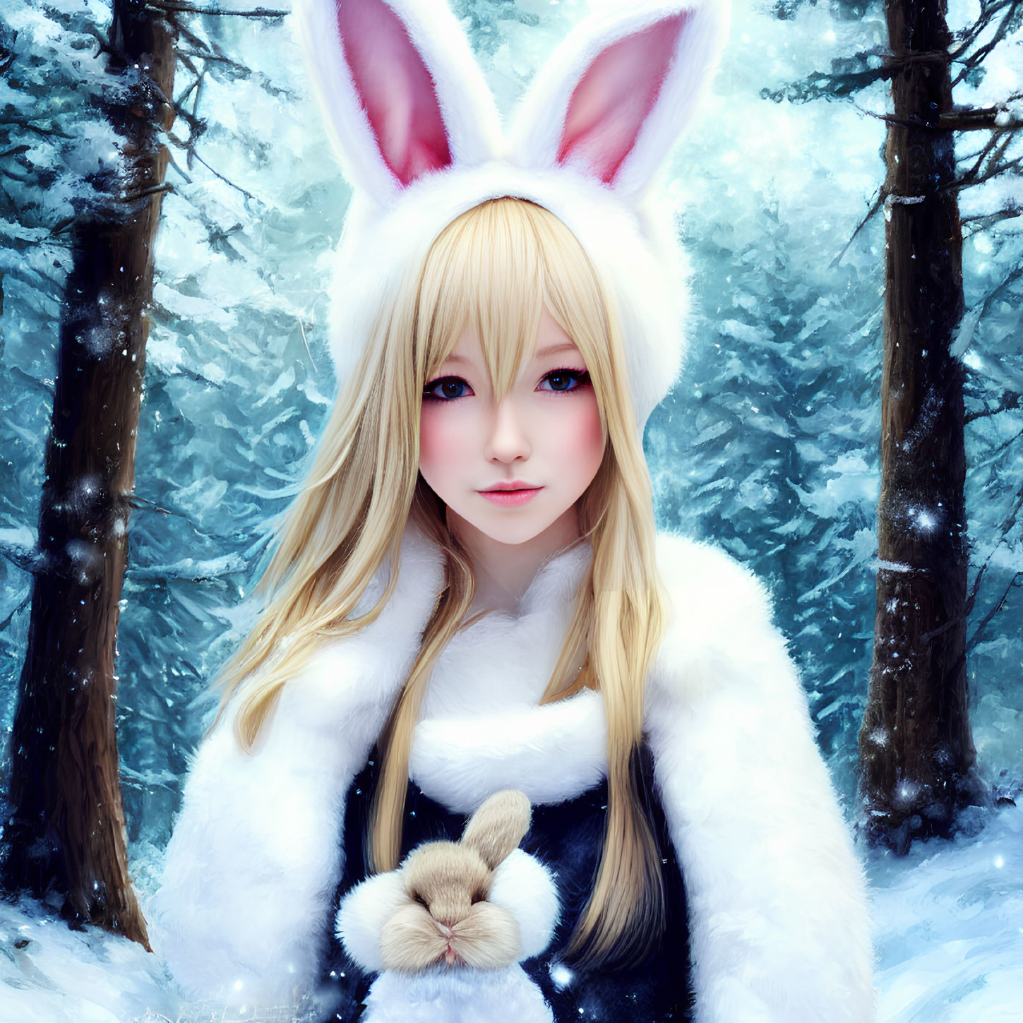 Digital artwork of woman with bunny ears in snowy forest wearing white fur coat