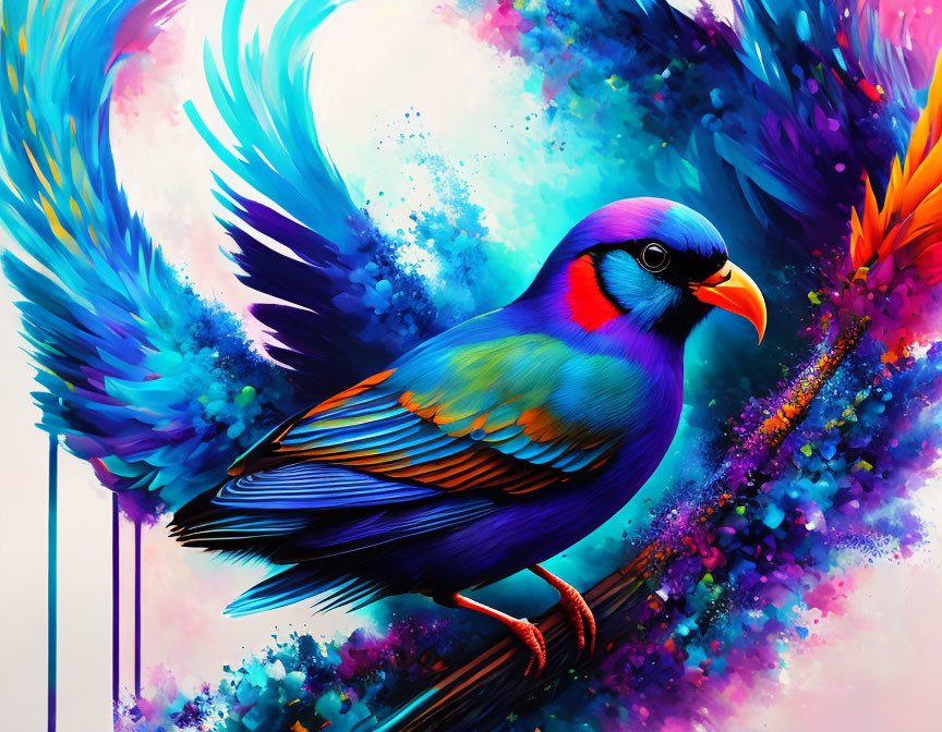 Colorful Bird Digital Artwork with Blue and Purple Background