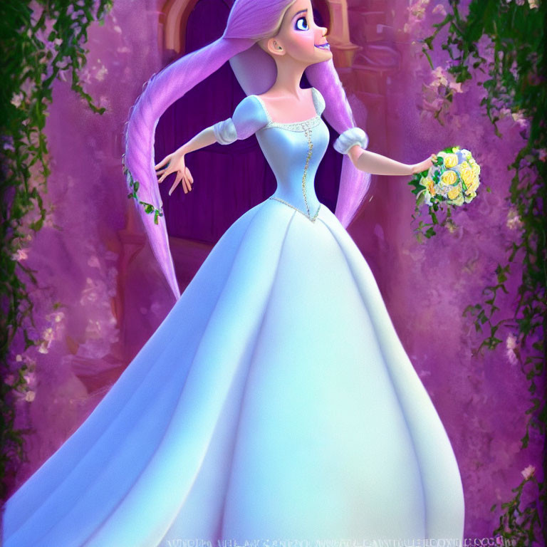 Pastel Purple-Haired Princess in White Gown with Bouquet