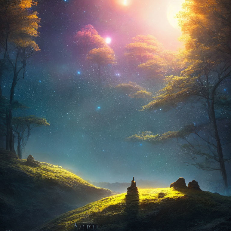 Mystical landscape with glowing starry sky, grassy hill, trees, pagoda, and