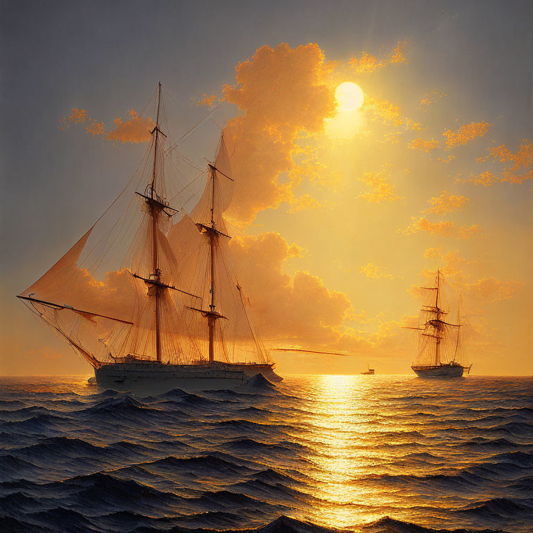 Sailing ships on golden sunset sea with hazy sky