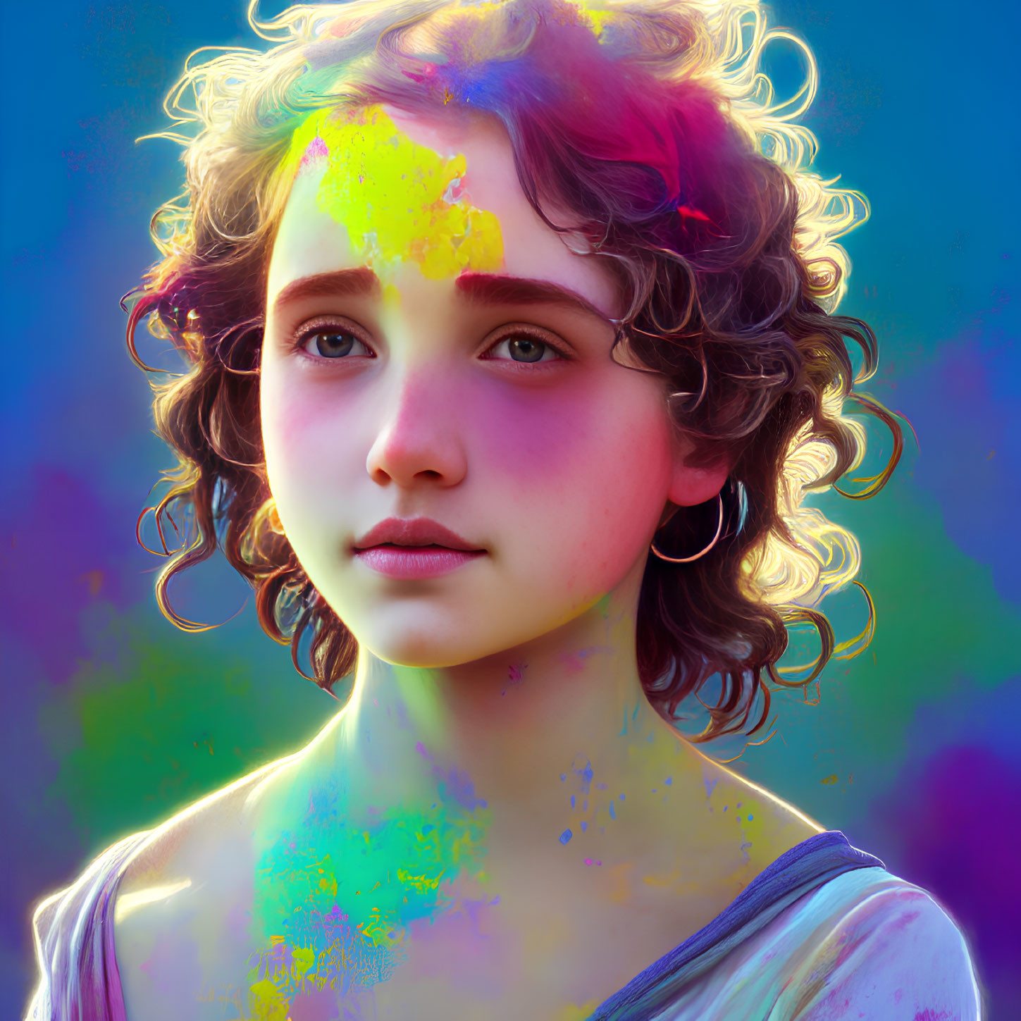 Vibrant digital art: curly-haired girl with paint splatters