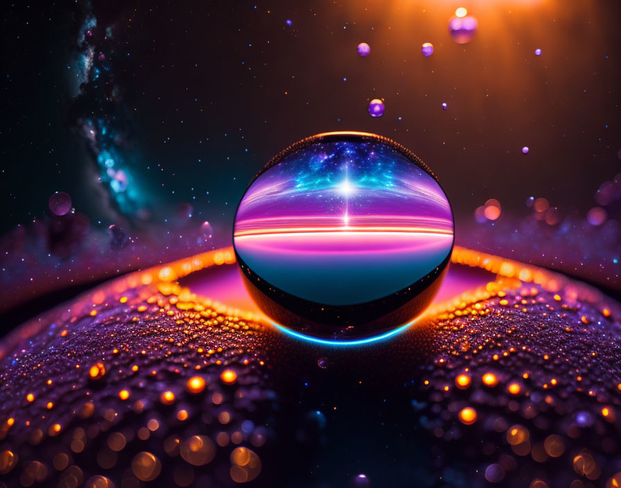 Colorful crystal ball reflects cosmic scene with glowing droplets and starry backdrop