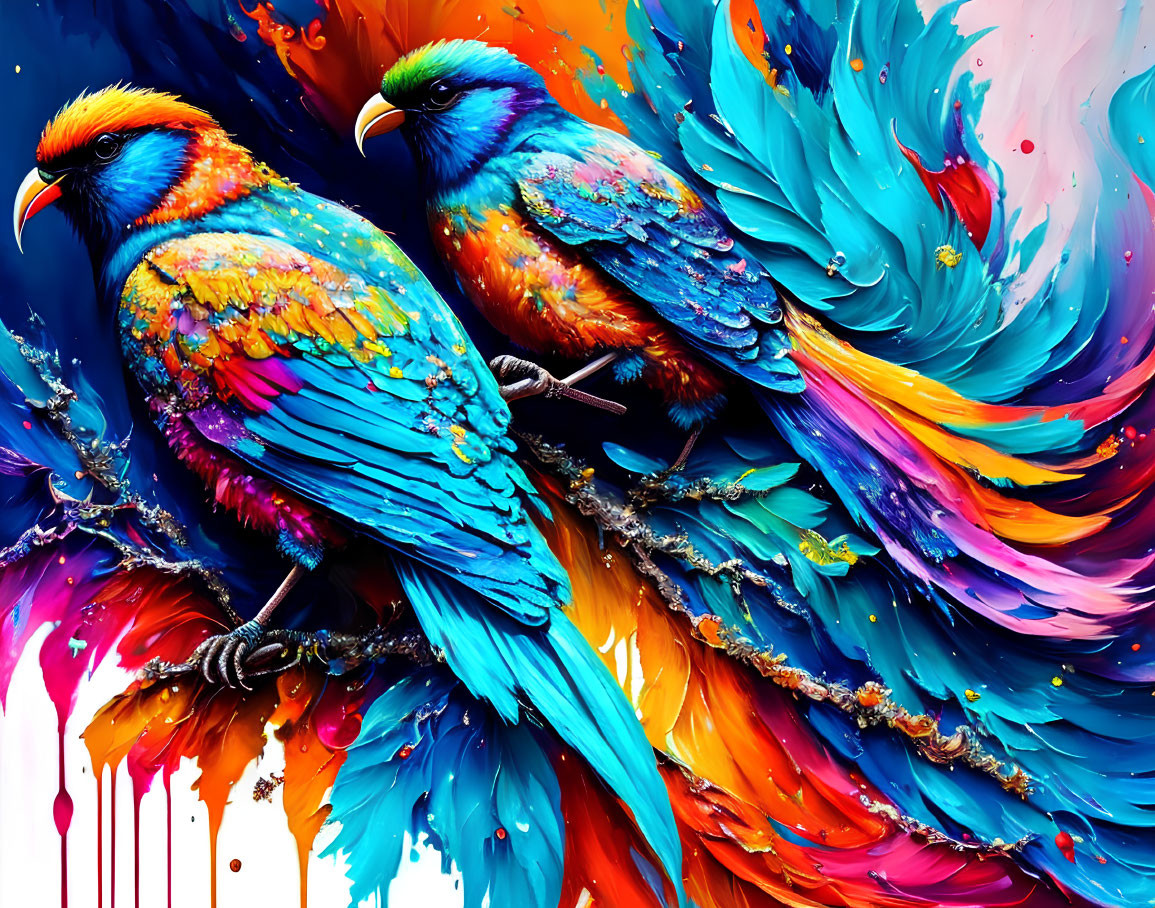 Colorful Parrots Perched on Branch with Vibrant Paint Splatters