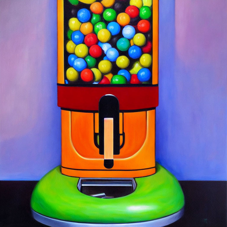 Vibrant gumball machine painting on purple and grey background