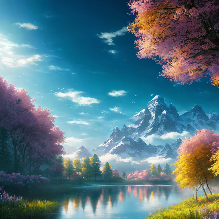 Tranquil lake with snowy mountains, pink and yellow trees