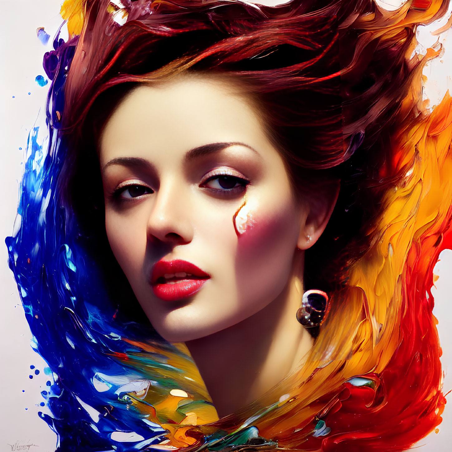 Vibrant paint splashes adorn woman's flowing hair on light background