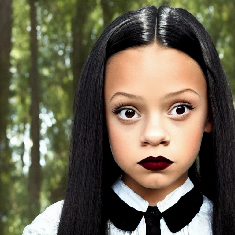 Digital artwork featuring girl with large eyes and dark hair against forest backdrop