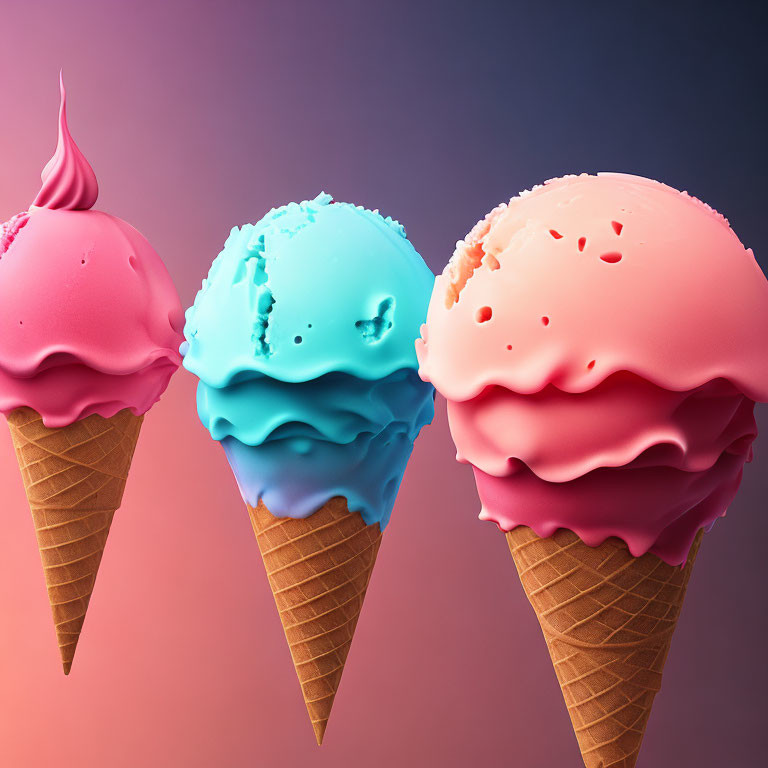 Vibrant ice cream cones on gradient background with melting scoops