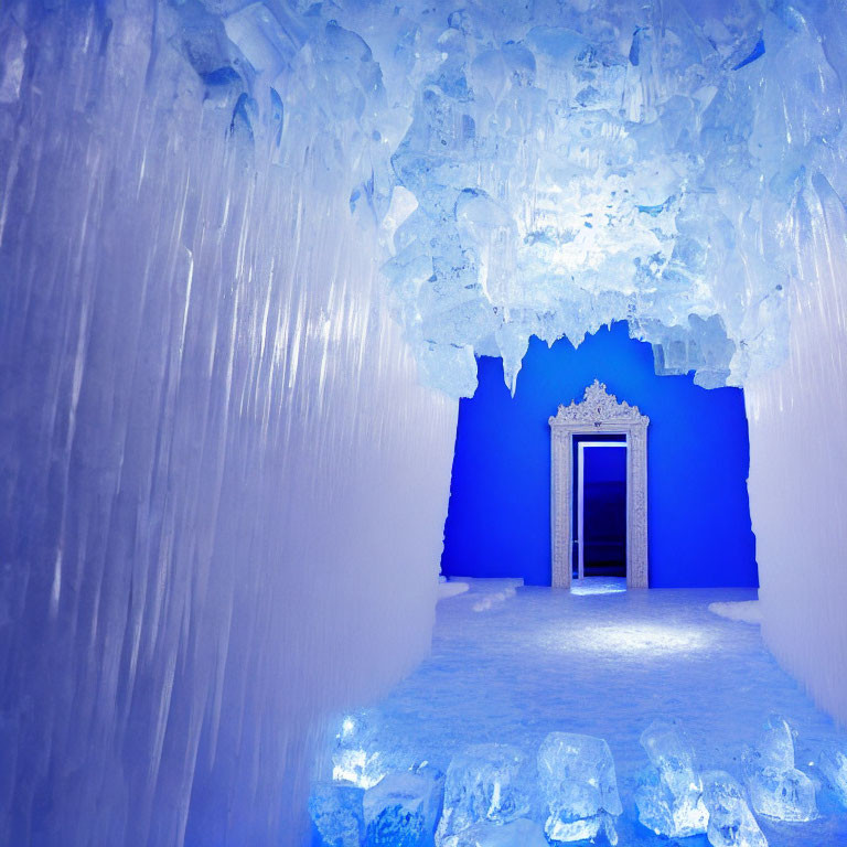 Blue-lit ice room with icicles and decorative door frame