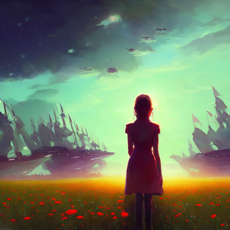 Person in Field of Red Flowers Watching Fantastical Ships at Sunset