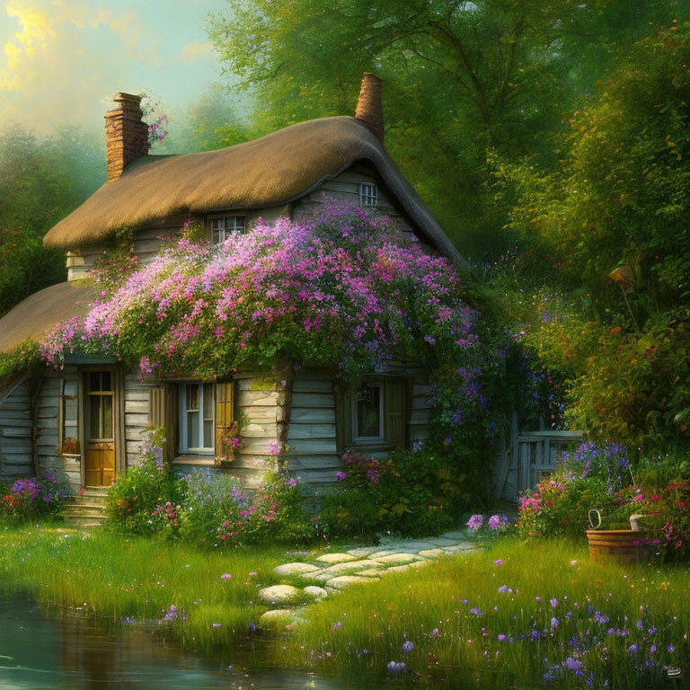 Charming thatched cottage with pond and flowers