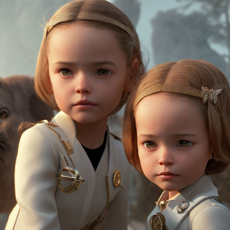 Two young girls in 3D animation with realistic features and matching outfits in a serene forest setting