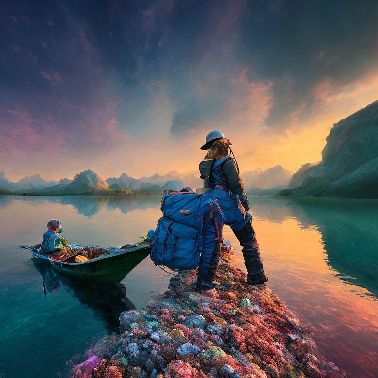 Traveler with large backpack admires sunset over calm waters from colorful rocky shore