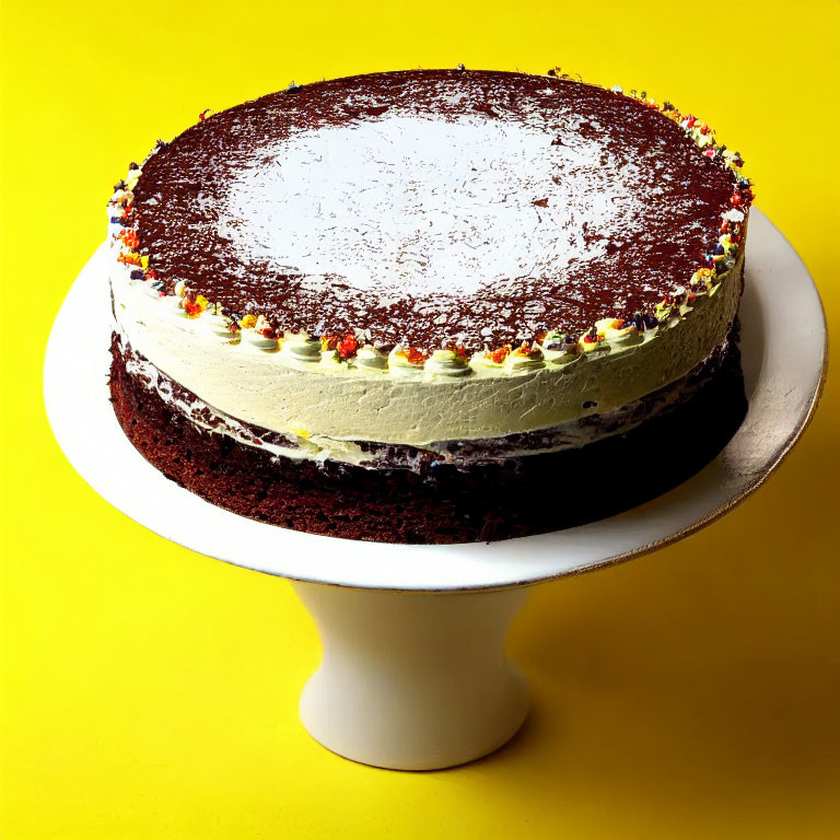 Colorful Sprinkle Chocolate Cake on White Stand