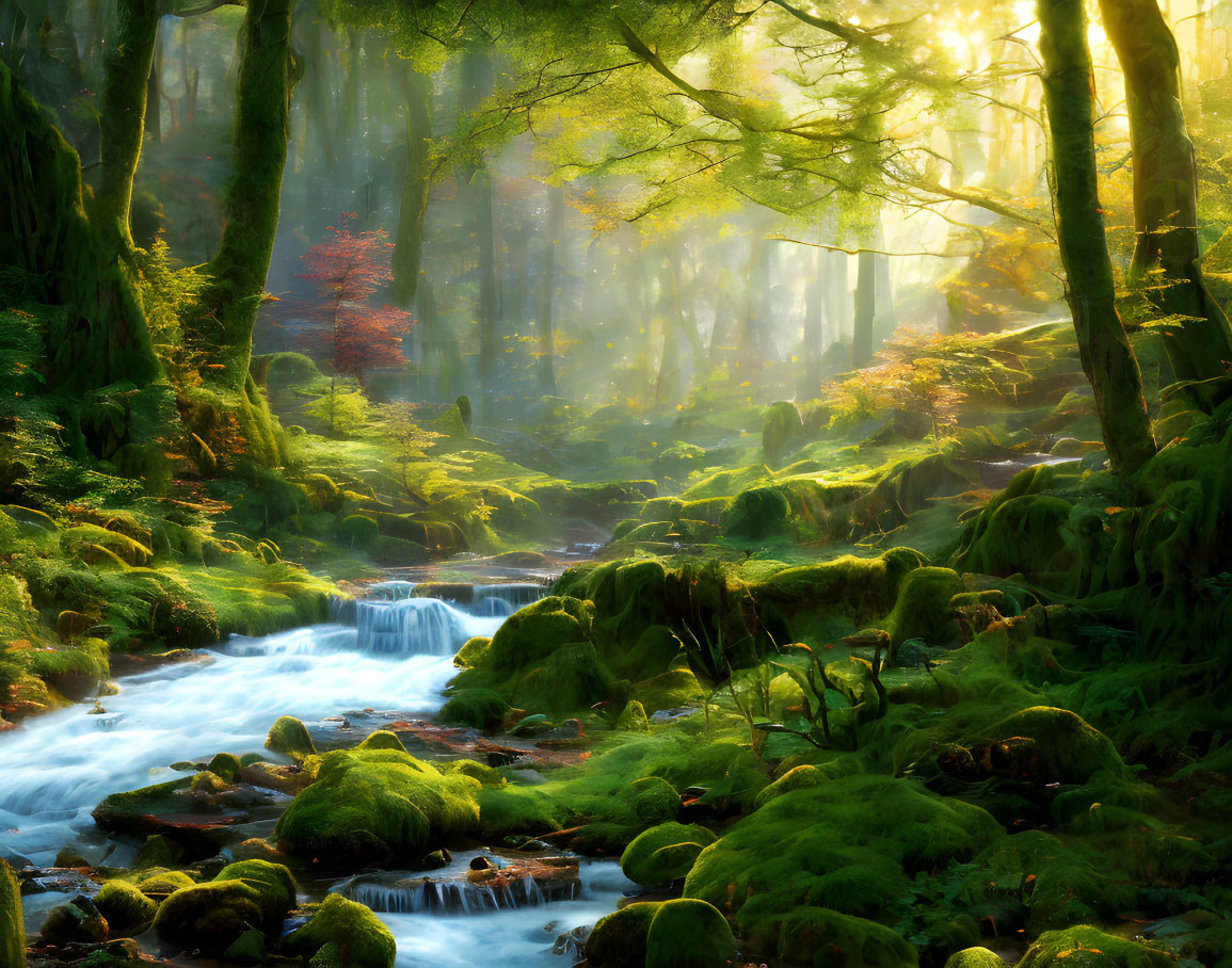 Misty forest stream with waterfalls and autumn trees in sunlight