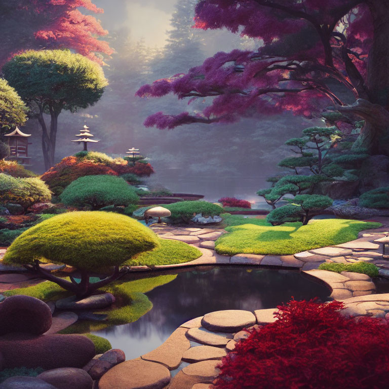 Tranquil Japanese garden with colorful foliage, stone path, lanterns, and mist