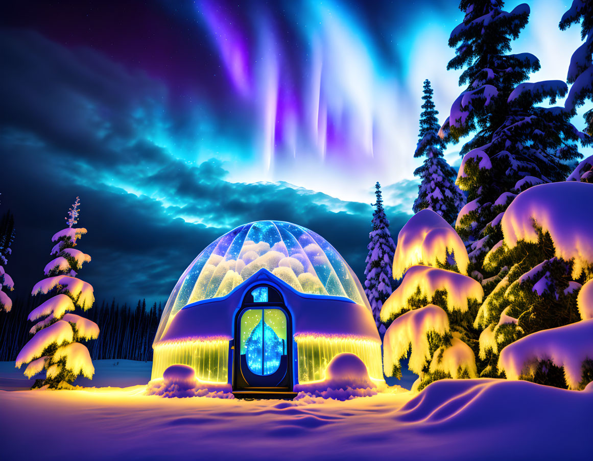 Northern Lights shine over snowy landscape with igloo-like structure