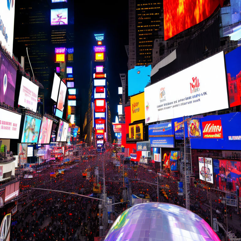 Vibrant Times Square Night Scene with Neon Billboards and Crowds