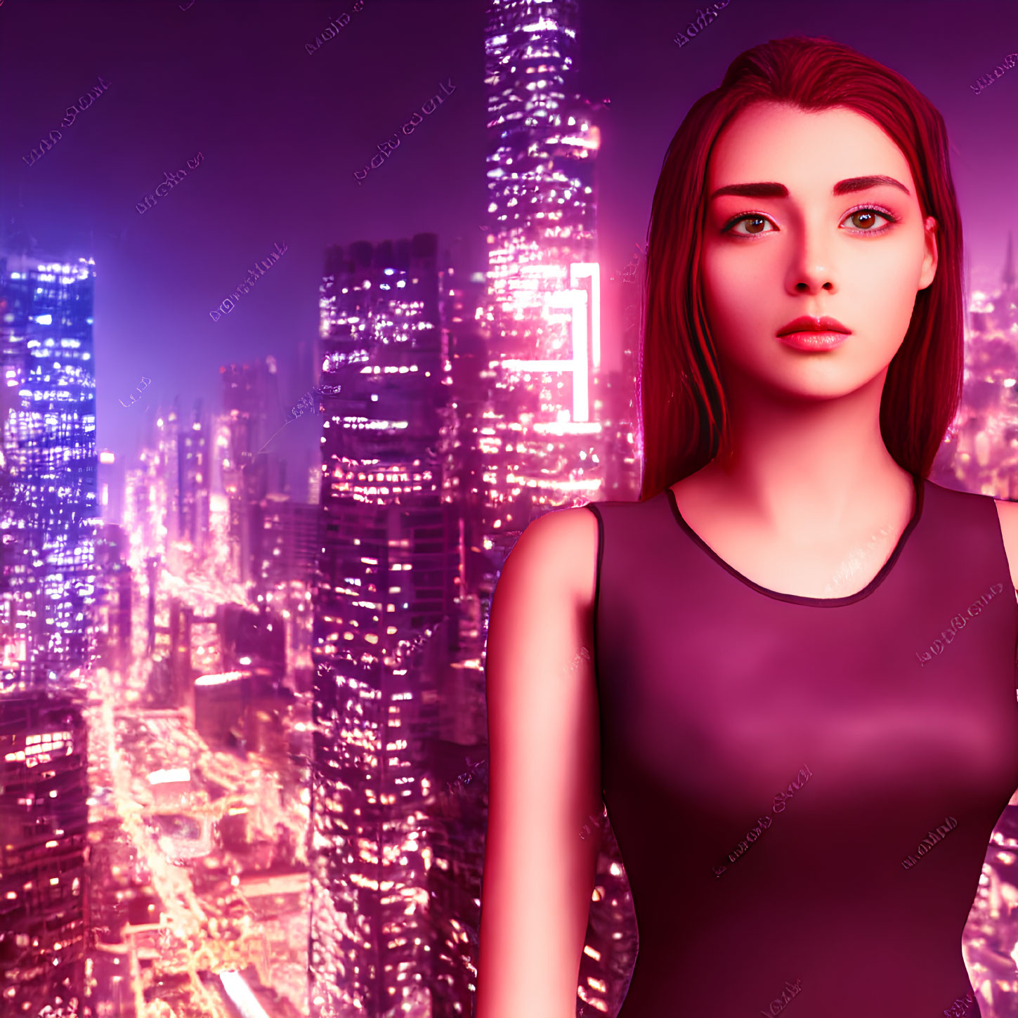 Red-haired female character in purple dress in 3D cityscape at night