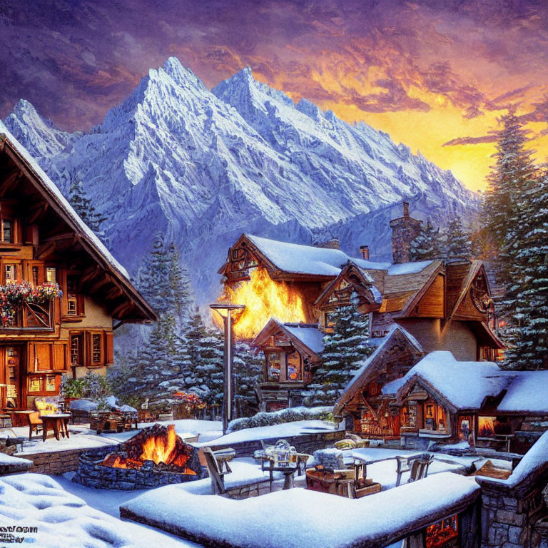 Snow-covered chalets with glowing windows and outdoor fires against a majestic mountain backdrop at sunset