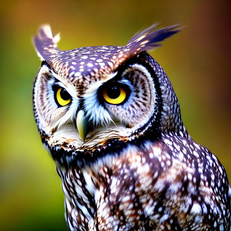 Spotted owl with yellow eyes and ear tufts on blurred background