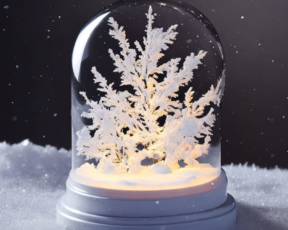 Snow globe with illuminated white tree on dark backdrop