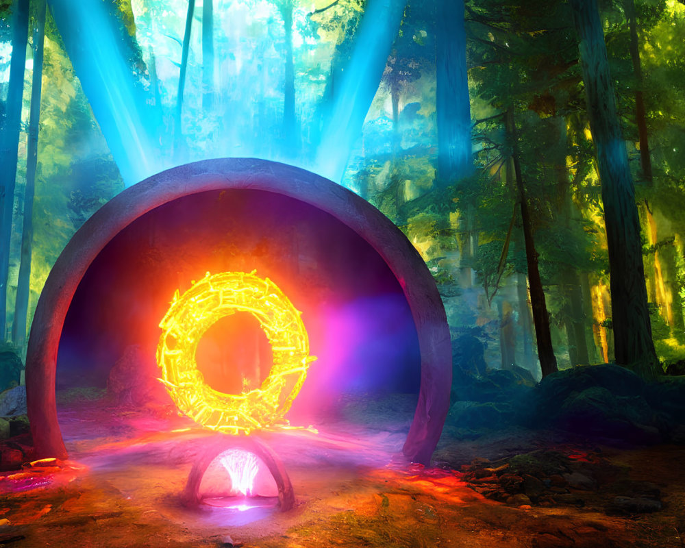 Mystic portal with glowing runes in sunlit forest clearing