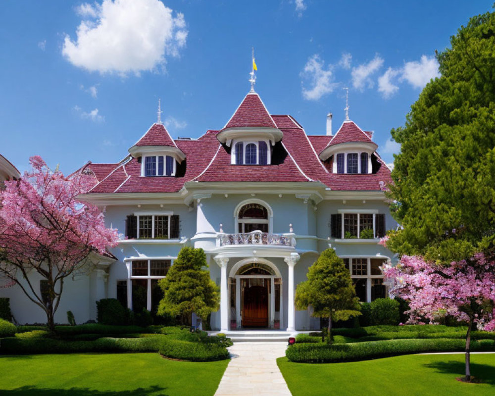 Luxurious mansion with white facade, steep roofing, manicured lawn, pink trees, blue sky