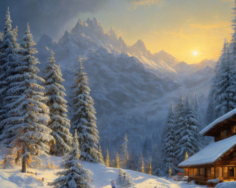 Snowy Winter Landscape with Trees, Mountains, Cabin, and Person with Dogs