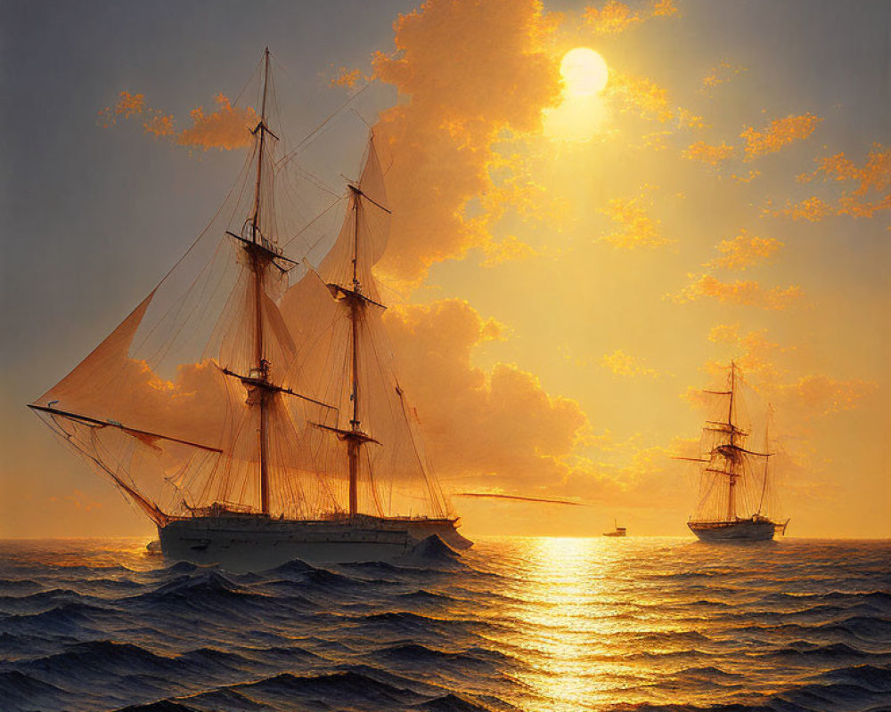 Sailing ships on golden sunset sea with hazy sky