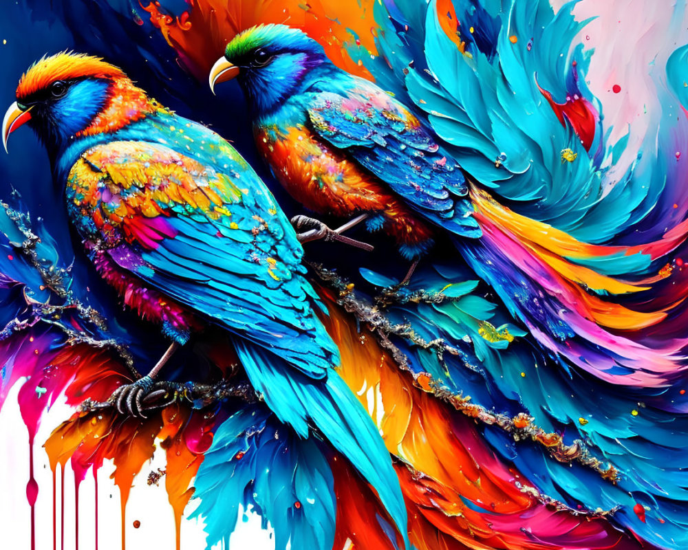 Colorful Parrots Perched on Branch with Vibrant Paint Splatters