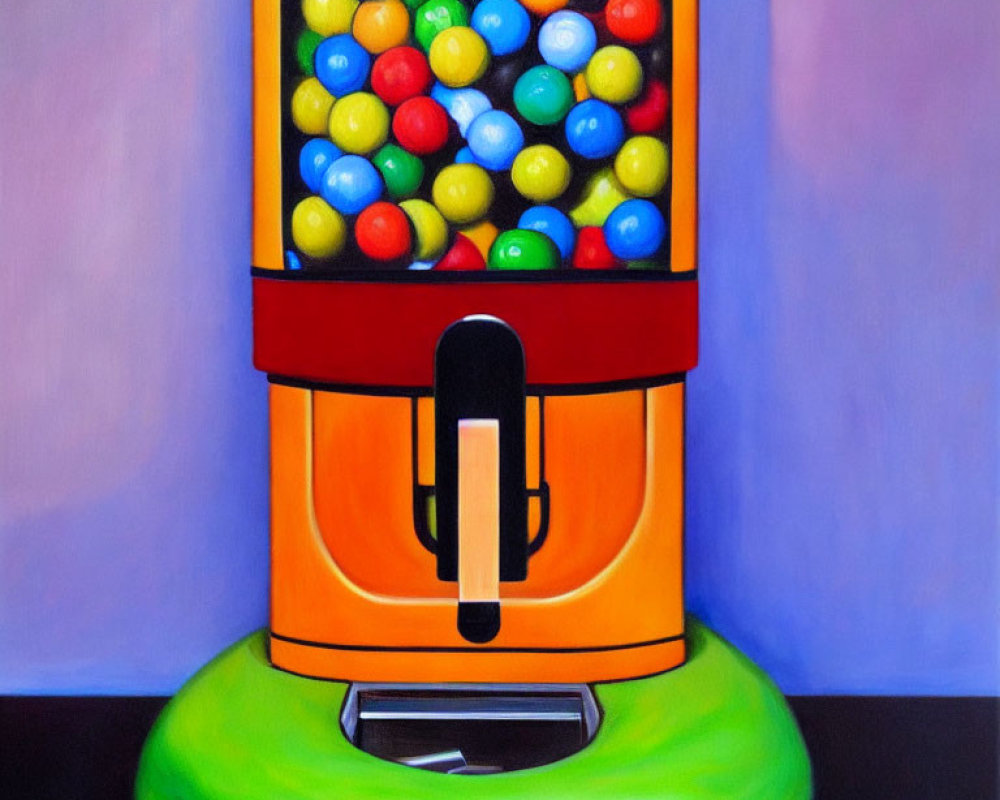 Vibrant gumball machine painting on purple and grey background