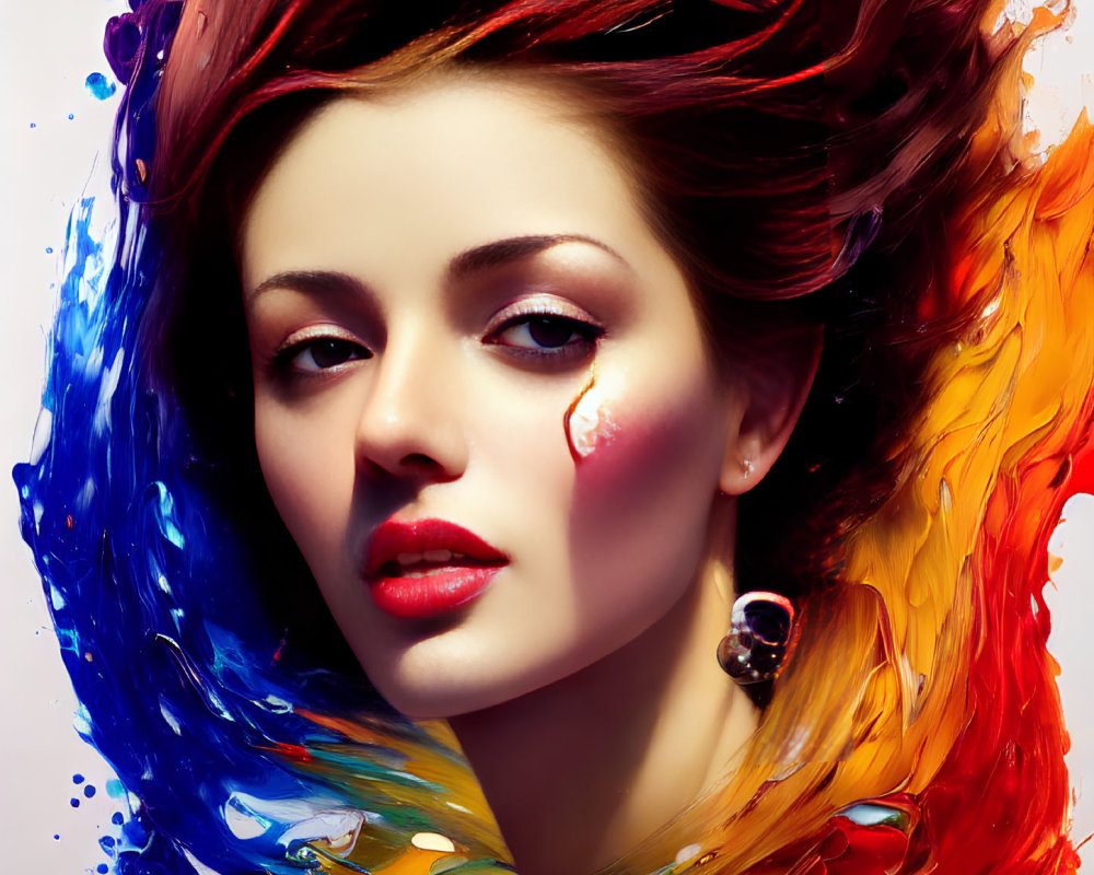 Vibrant paint splashes adorn woman's flowing hair on light background