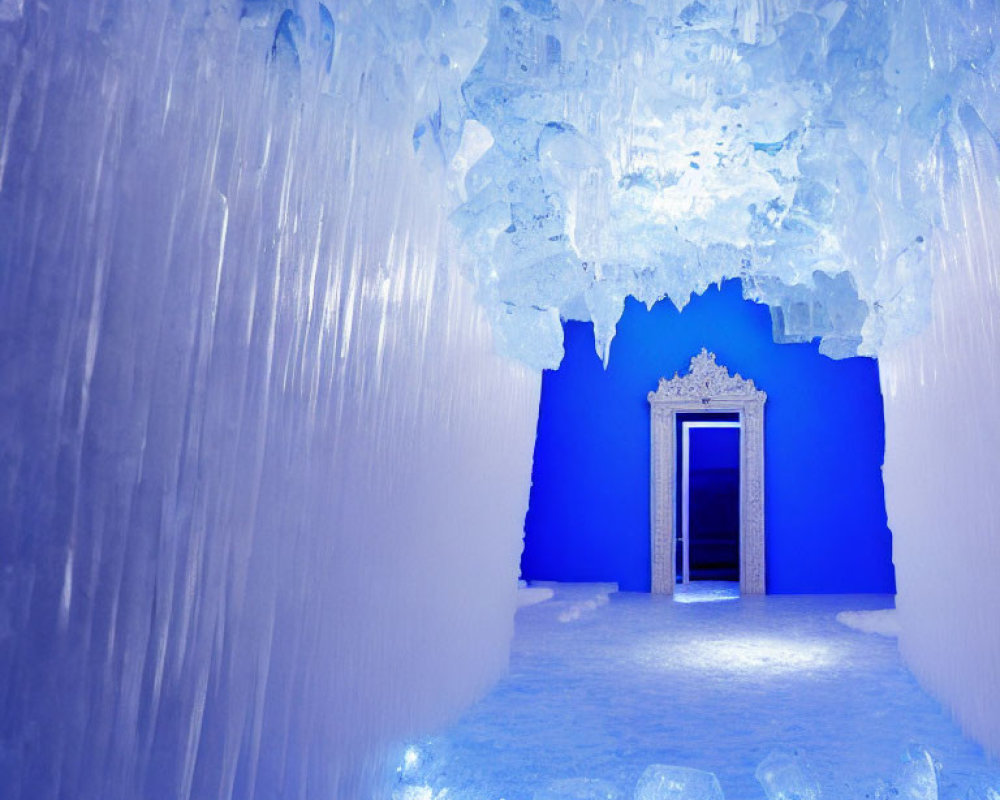 Blue-lit ice room with icicles and decorative door frame