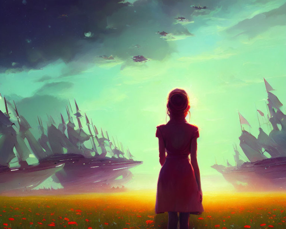 Person in Field of Red Flowers Watching Fantastical Ships at Sunset