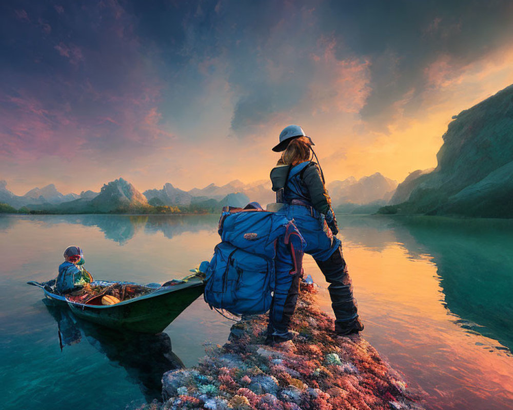 Traveler with large backpack admires sunset over calm waters from colorful rocky shore