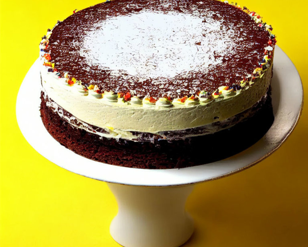 Colorful Sprinkle Chocolate Cake on White Stand