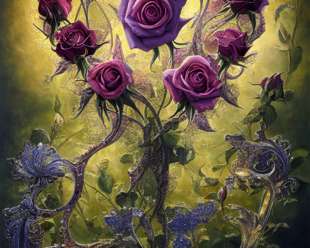 Purple Roses Entwined with Golden Filigree on Yellow Background