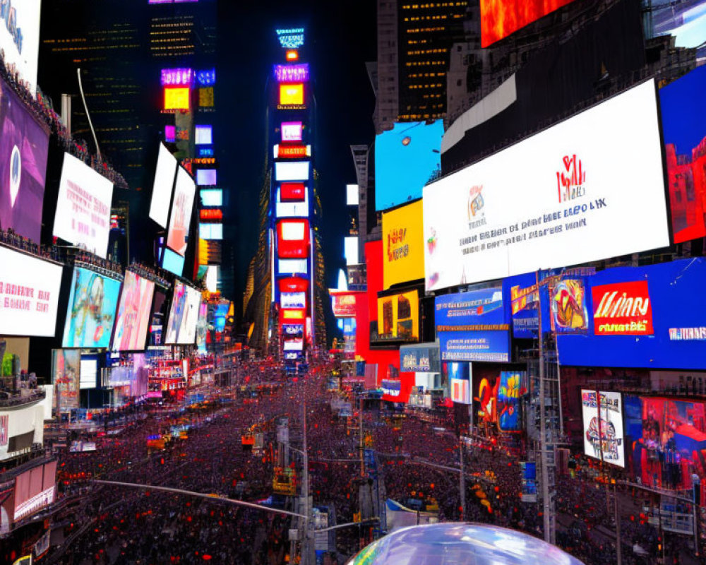 Vibrant Times Square Night Scene with Neon Billboards and Crowds