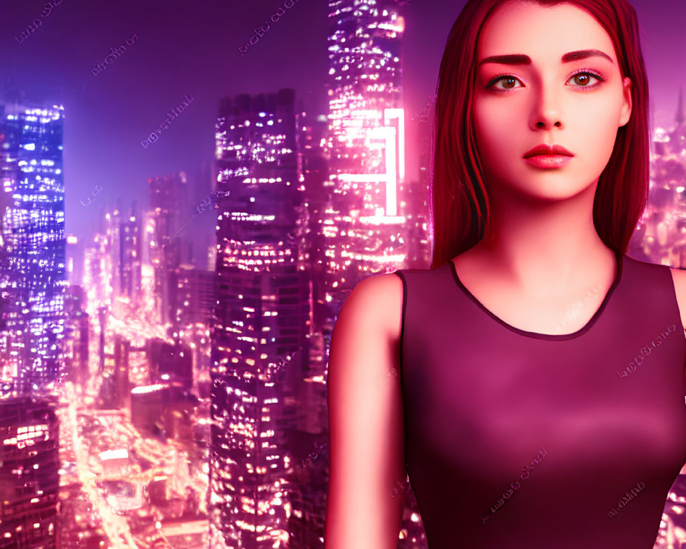 Red-haired female character in purple dress in 3D cityscape at night